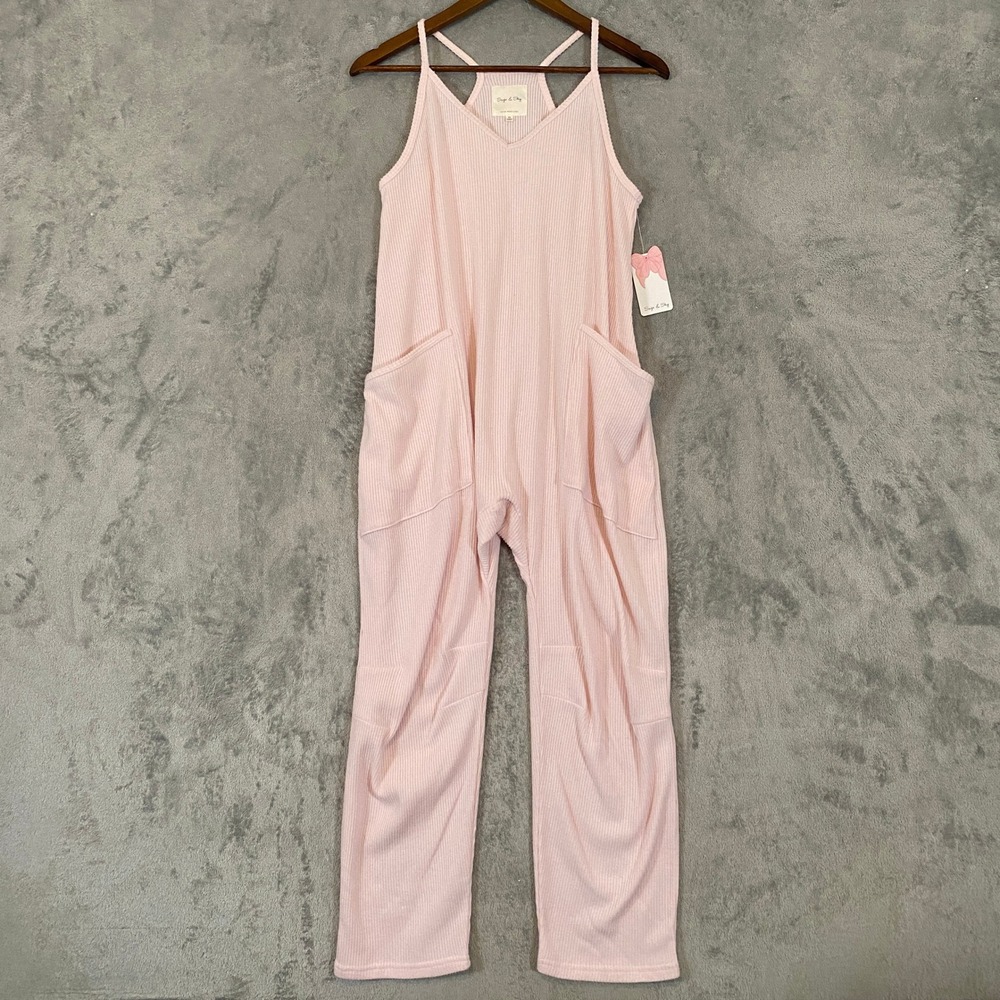 Sage & Sky Jumpsuit Sz XS Pink Ribbed Knit Spaghetti Strap Wide Leg Soft Relaxed